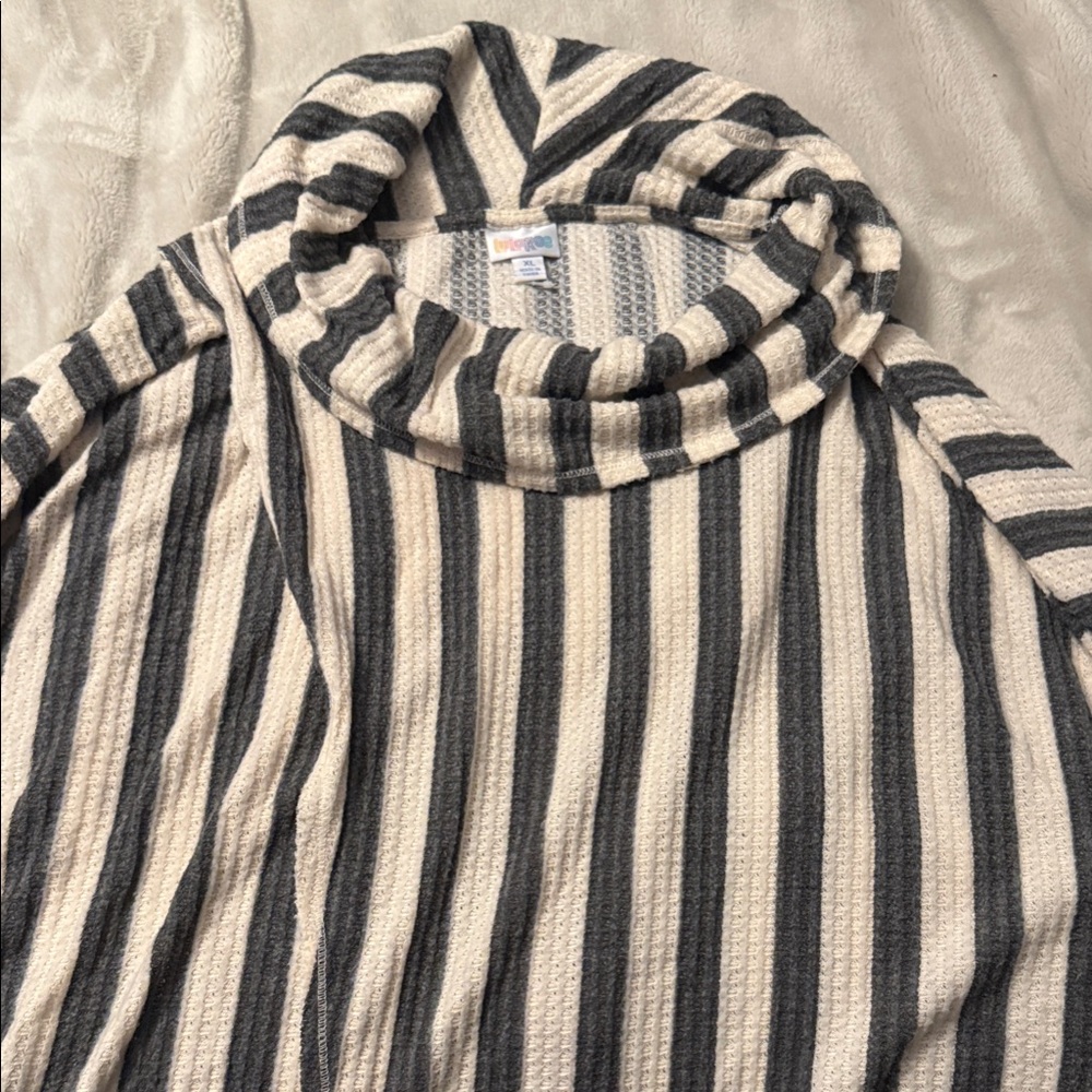 LuLaRoe Gray and Cream Striped Cowl Neck Sweater
